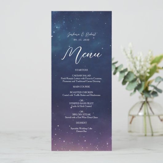 Hemelse Sterrennacht Wedding Menu Kaart (Staand voorkant)