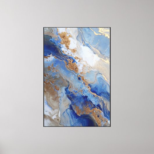 Hemelse Stroom: Blauw & Goud Abstract Canvas Afdruk (Voorkant)