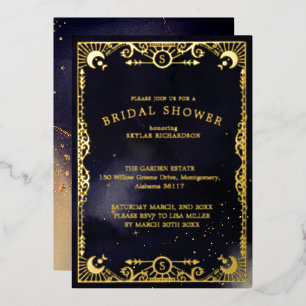 Hemelse Tarotkaart Zon & Maan Marineblauwe Bruidsd Folie Uitnodiging