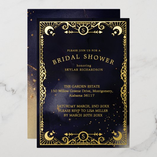 Hemelse Tarotkaart Zon & Maan Marineblauwe Bruidsd Folie Uitnodiging (Voorkant / Achterkant)