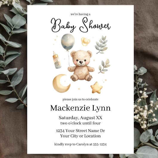 Hemelse teddybeer waterverf babyshower kaart