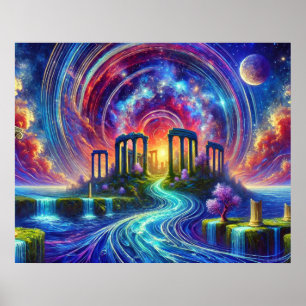Hemelse Tempelruïnes met Stromende Kosmische Rivie Poster