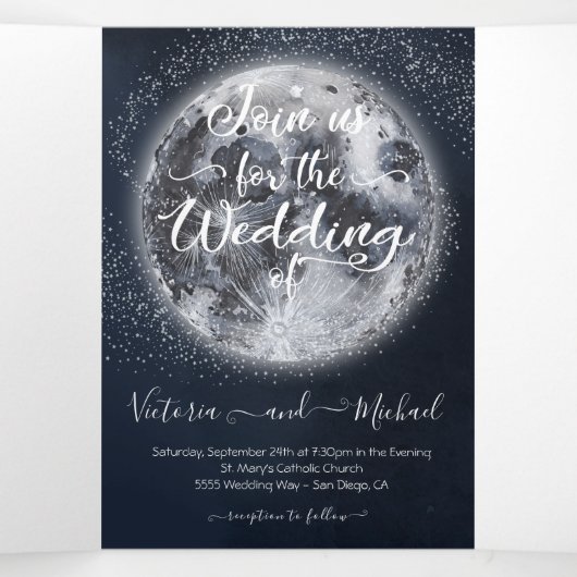 Hemelse Volle Maan en Sterren Bruiloft Drieluik Uitnodiging (Binnenkant midden)
