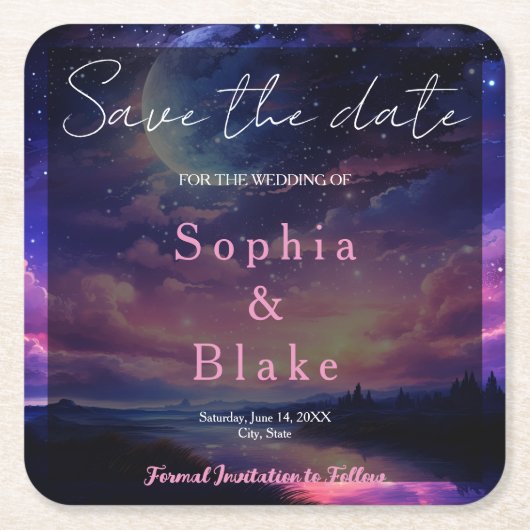 Hemelse Volle Maan Sterren Trouwdatum Kaartje Kartonnen Onderzetters (Voorkant)