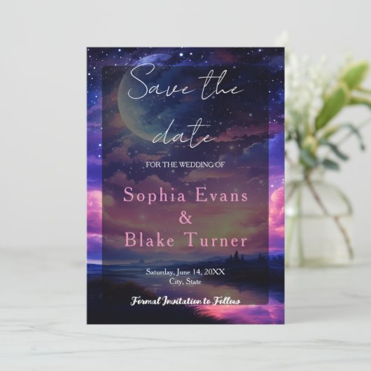 Hemelse Volle Maan Sterren Trouwen Save the Date Kaart (Staand voorkant)