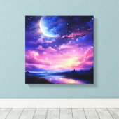 Hemelse Volle Maan Sterren Wolken Mystiek Paarse Canvas Afdruk (Insitu (Houten vloer))