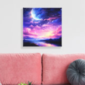 Hemelse Volle Maan Sterren Wolken Mystiek Paarse Canvas Afdruk (Insitu (Woonkamer))