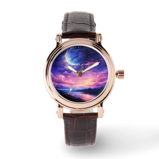 Hemelse Volle Maan Sterren Wolken Mystiek Paarse Horloge (Voorkant)