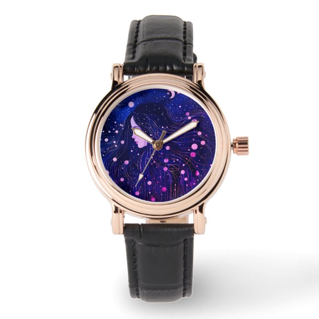 Hemelse Vrouw Godin Moon Stars Sky Horloge (Voorkant)