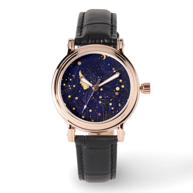 Hemelse Vrouw Godin Moon Stars Sky Horloge (Voorkant)