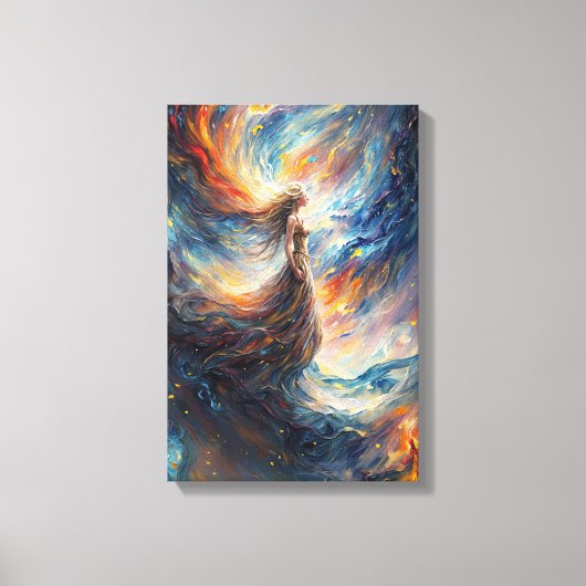 Hemelse vrouw in vurige kosmos kunst canvas afdruk (Voorkant)
