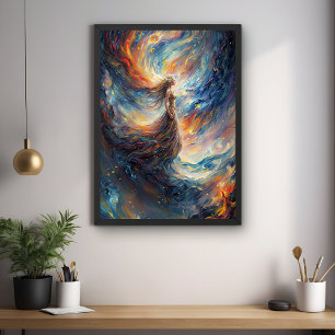 Hemelse vrouw in vurige kosmos kunst perfect poster