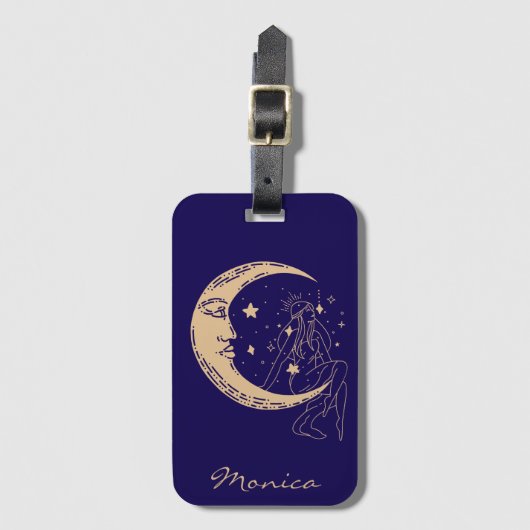 Hemelse vrouw maan & sterren, boho, elegant goud bagagelabel (Voorkant (verticaal))