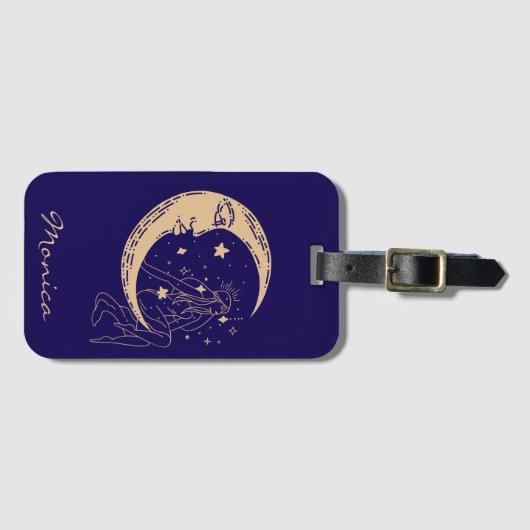Hemelse vrouw maan & sterren, boho, elegant goud bagagelabel (Voorkant (horizontaal))