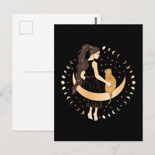 Hemelse vrouw met kat op de maan briefkaart (Voorkant / Achterkant)