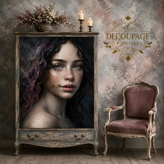 Hemelse vrouw met sterrenstelsel haar decoupage tissuepapier