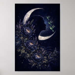 Hemelse Vrouw Silhouet met Bloemen en Kolibrie Poster