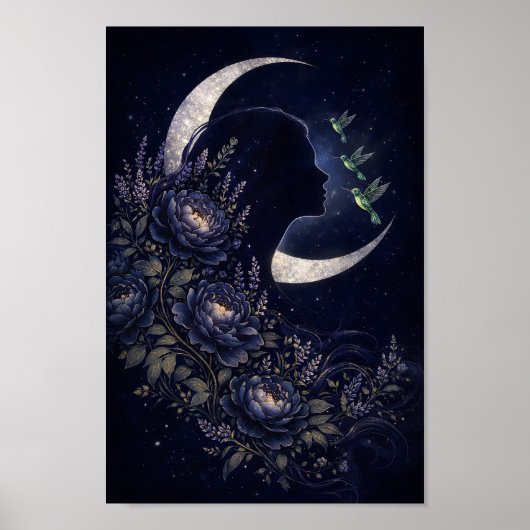 Hemelse Vrouw Silhouet met Bloemen en Kolibrie Poster (Voorkant)