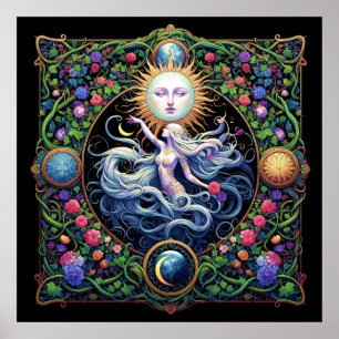 Hemelse vrouwen, zon, maan en bloemen poster