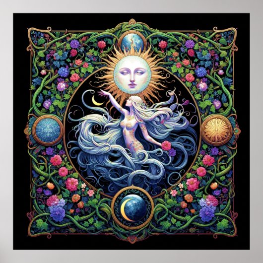 Hemelse vrouwen, zon, maan en bloemen poster (Voorkant)