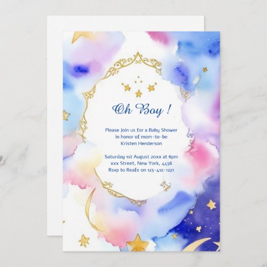Hemelse Waterverf Baby shower Uitnodiging (Voorkant / Achterkant)
