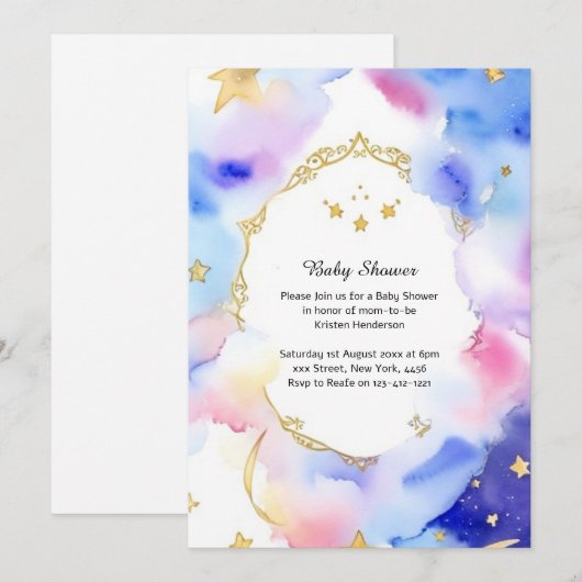 Hemelse Waterverf Baby shower Uitnodiging (Voorkant / Achterkant)