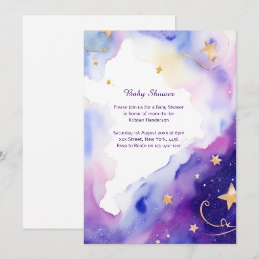 Hemelse Waterverf Baby shower Uitnodiging (Voorkant / Achterkant)