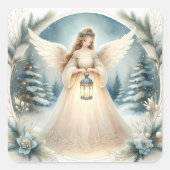 Hemelse Winter Engel Lantaarn van Hoop Vierkante Sticker (Voorkant)