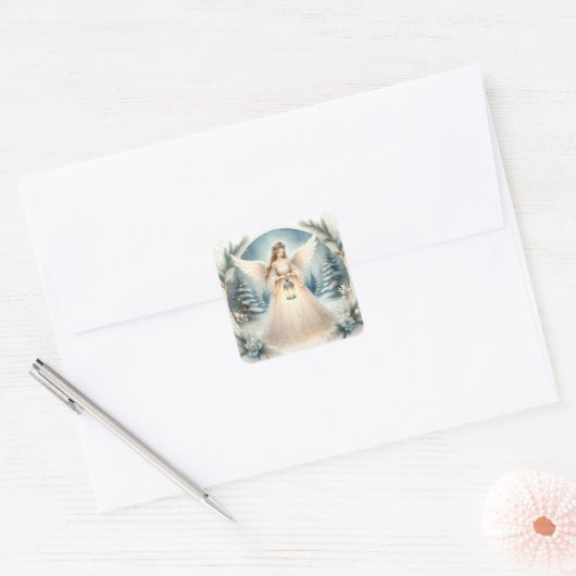 Hemelse Winter Engel Lantaarn van Hoop Vierkante Sticker (Envelop)