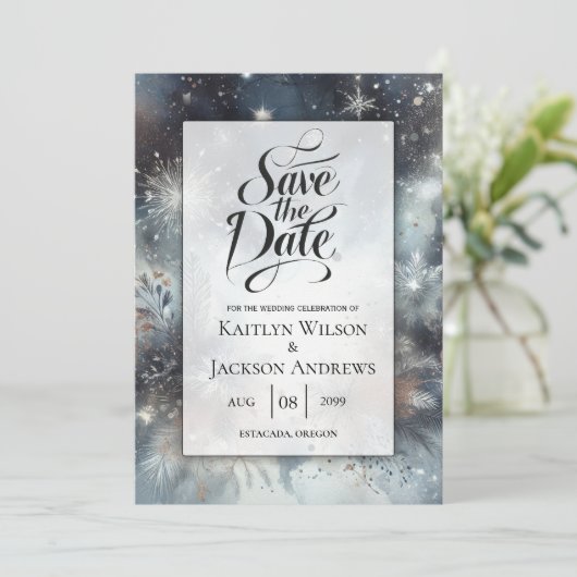 Hemelse Winter Midnight Sparkle Wedding Save The Date (Staand voorkant)