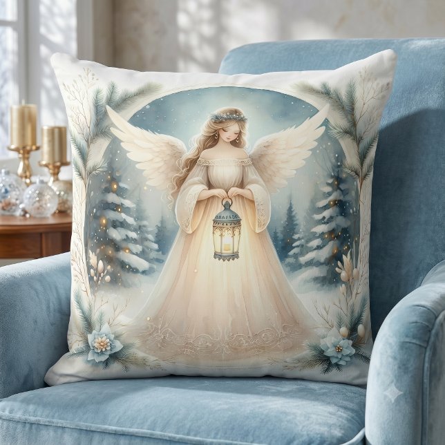 Hemelse Winterengel Lantaarn van Hoop Kussen (Celestial Winter Angel Lantern of Hope Throw Pillow)