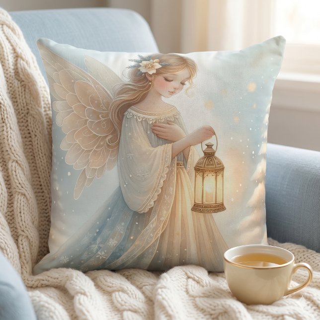 Hemelse Winterengel Lantaarn van Troost Kussen (Celestial Winter Angel Lantern of Comfort Throw Pillow)