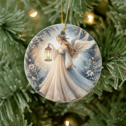 Hemelse Winterengel Lantaarn van Vrede Keramisch Ornament (Boom)