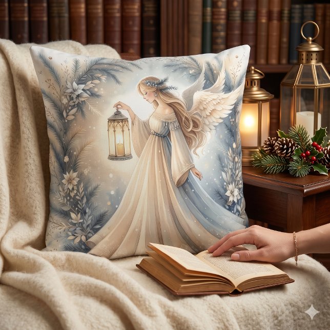 Hemelse Winterengel Lantaarn van Vrede Kussen (Celestial Winter Angel Lantern of Peace Throw Pillow)