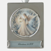 Hemelse Winterengel Lantaarn van Vrede Verzilverd Banner Ornament (Voorkant)