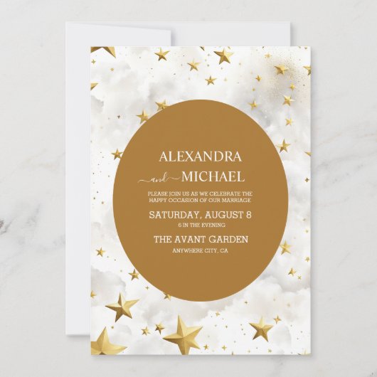 Hemelse Witte en Gouden Sterren Bruiloft Kaart (Voorkant)