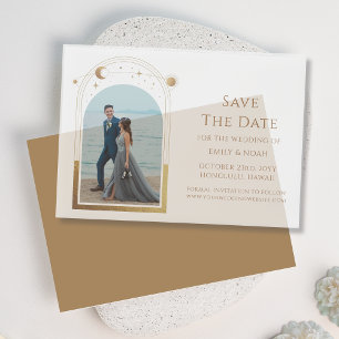 Hemelse Witte Gouden Fotobruiloft Bewaar de datum Vellum Uitnodigingen