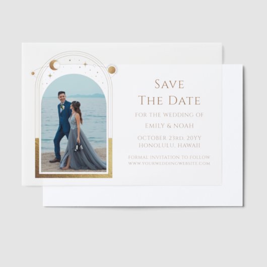 Hemelse Witte Gouden Fotobruiloft Bewaar de datum Vellum Uitnodigingen (Offset)
