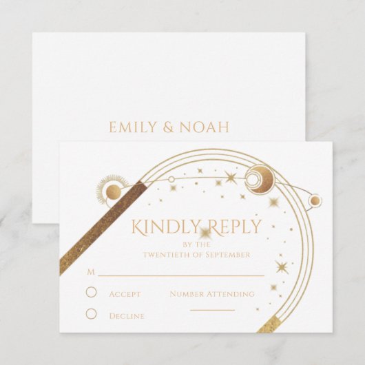 Hemelse Witte Gouden Zon Maan Sterren Huwelijk RSVP Kaartje (Voorkant / Achterkant)