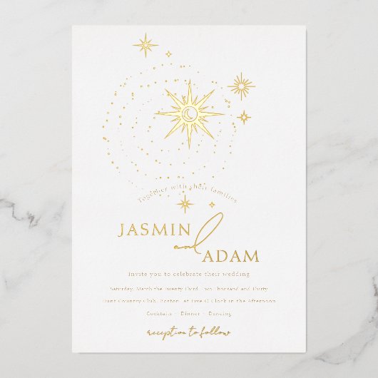 Hemelse witte sterren en gouden bruiloft folie uitnodiging (Voorkant)