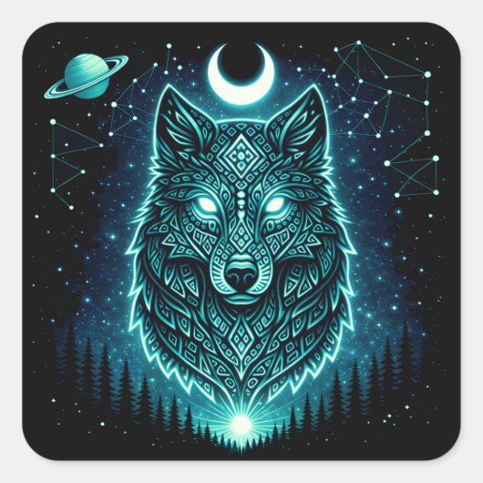Hemelse Wolf – Kosmisch Gehuil Wildlife Melkweg Vierkante Sticker (Voorkant)