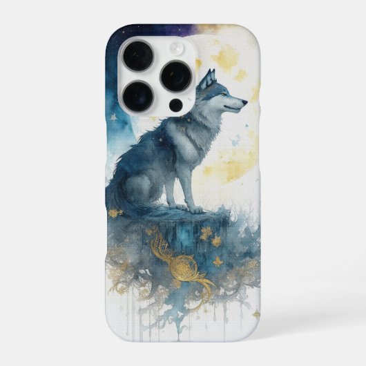 Hemelse Wolf Nachthemel Gouden Filigraan iPhone 16 Hoesje (Achterkant)