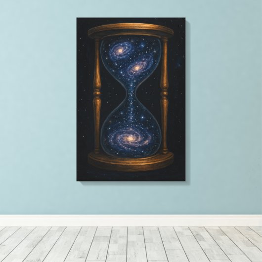 Hemelse zandloper met stromende sterrenstelsels canvas afdruk (Insitu (Houten vloer))