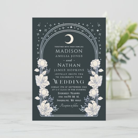 Hemelse Zilveren Boog Art Nouveau QR Code Huwelijk Kaart (Staand voorkant)