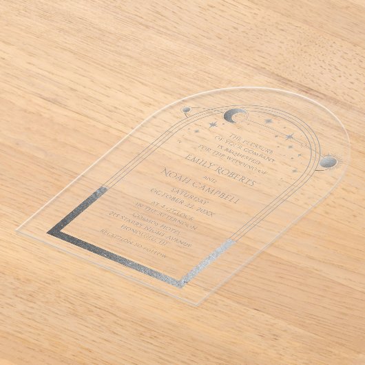 Hemelse Zilveren Zon Maan Astronomie bruiloft Acryl Uitnodigingen (Laagn)