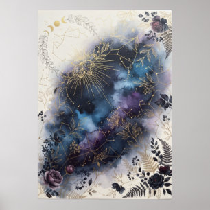 Hemelse Zodiac Mot Donkere Bloemige Poster