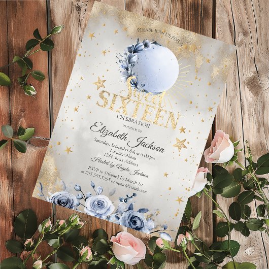 Hemelse Zon, Blauwe Maan Rozen Sterren Sweet 16 Kaart