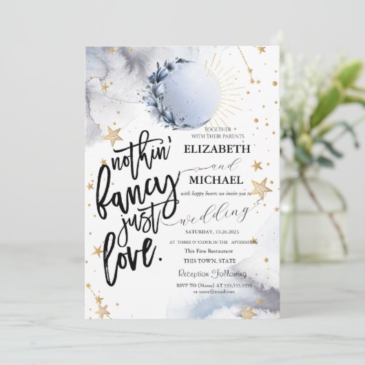 Hemelse zon, blauwe maan, sterren bruiloft kaart (Staand voorkant)