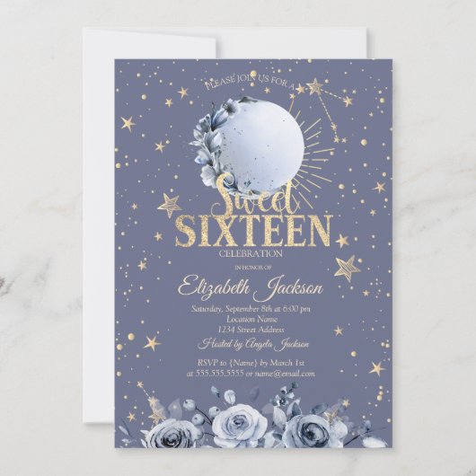 Hemelse Zon, Blauwe Maan Sterren Pastel Sweet 16 Kaart (Voorkant)