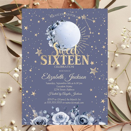 Hemelse Zon, Blauwe Maan Sterren Pastel Sweet 16 Kaart